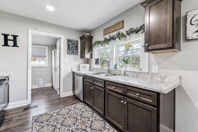 kitchen with light countertops, a sink, dark brown cabinets, and stainless steel dishwasher