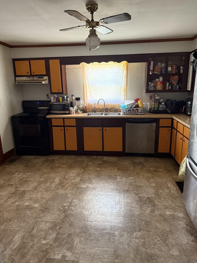502 S Trenton St, Rutherford, TN 38369 - kitchen featuring appliances with stainless steel finishes, under cabinet range hood, a sink, a ceiling fan, and ornamental molding