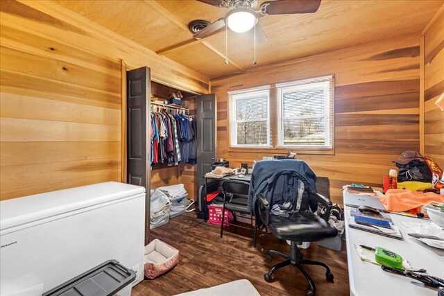 112 Shasteen St, Estill Springs, TN 37330 - office area featuring wood finished floors, wood walls, and a ceiling fan