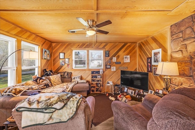 112 Shasteen St, Estill Springs, TN 37330 - living area featuring wooden walls and a ceiling fan