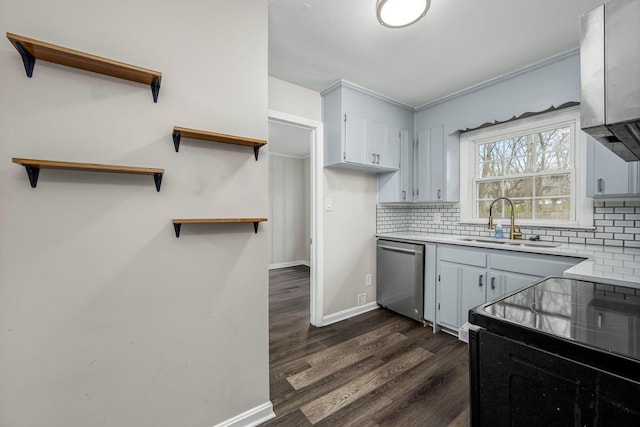 kitchen with a sink, backsplash, black range with electric stovetop, and stainless steel dishwasher