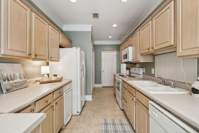 kitchen featuring light countertops, visible vents, light brown cabinetry, and white appliances