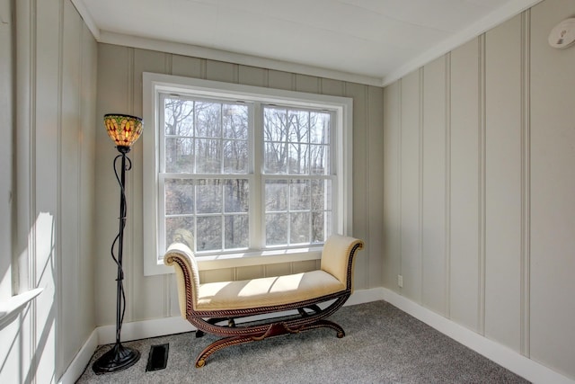 sitting room with carpet, a decorative wall, and a healthy amount of sunlight