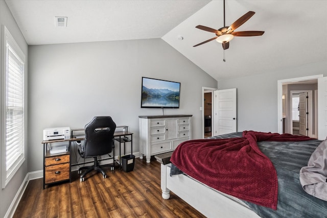bedroom featuring baseboards, visible vents, dark wood finished floors, lofted ceiling, and ceiling fan