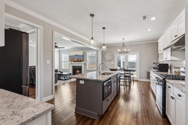 kitchen with visible vents, under cabinet range hood, a sink, range with gas stovetop, and freestanding refrigerator