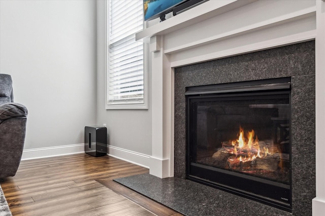 room details with baseboards, wood finished floors, and a glass covered fireplace