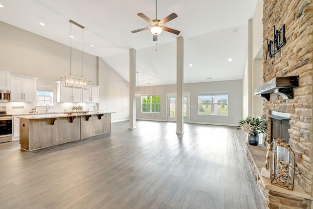 kitchen with a breakfast bar, wood finished floors, a stone fireplace, appliances with stainless steel finishes, and open floor plan