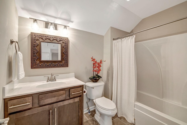 bathroom with tile patterned flooring, vanity, vaulted ceiling, toilet, and shower / bath combination with curtain