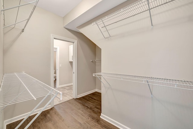 walk in closet with wood finished floors