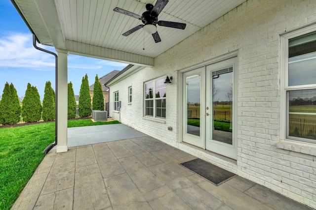 view of patio with a ceiling fan and central air condition unit