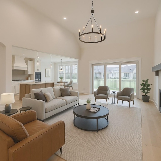1251 Payton Ln, Gallatin, TN 37066 - living room featuring high vaulted ceiling, a chandelier, recessed lighting, light wood finished floors, and baseboards