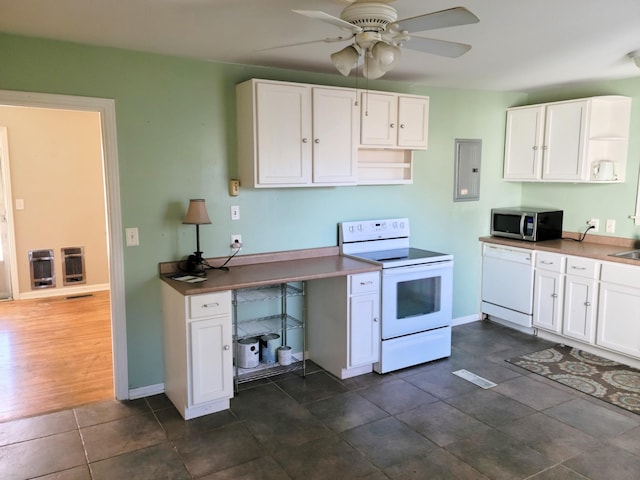 143 39th Ave N, Nashville, TN 37209 - kitchen featuring a ceiling fan, open shelves, electric panel, white cabinetry, and white appliances