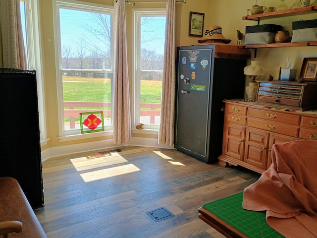 interior space featuring baseboards, wood finished floors, and a healthy amount of sunlight