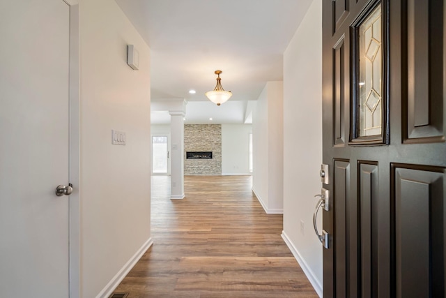 1106 Roseland Dr, Columbia, TN 38401 - hall with baseboards, ornate columns, wood finished floors, and recessed lighting