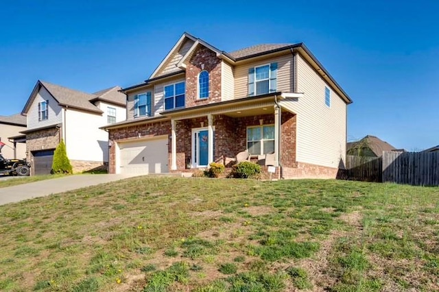 view of front of property featuring driveway, brick siding, fence, an attached garage, and a front lawn