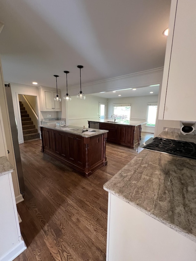 kitchen featuring a center island, a sink, ornamental molding, dark brown cabinetry, and dark wood-style floors