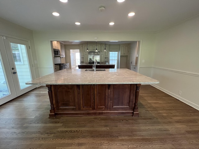 kitchen featuring recessed lighting, dark wood-type flooring, appliances with stainless steel finishes, a large island with sink, and a sink