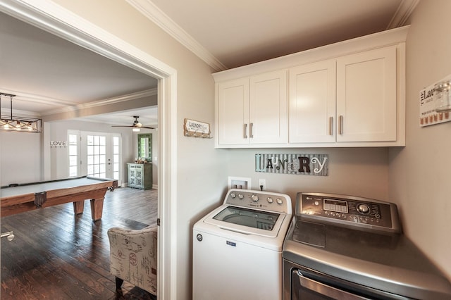laundry room with cabinet space, washer and clothes dryer, crown molding, billiards, and wood finished floors