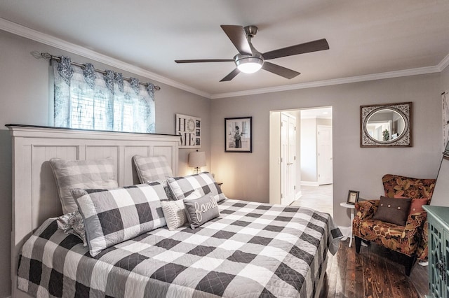 bedroom featuring baseboards, wood finished floors, ceiling fan, and ornamental molding