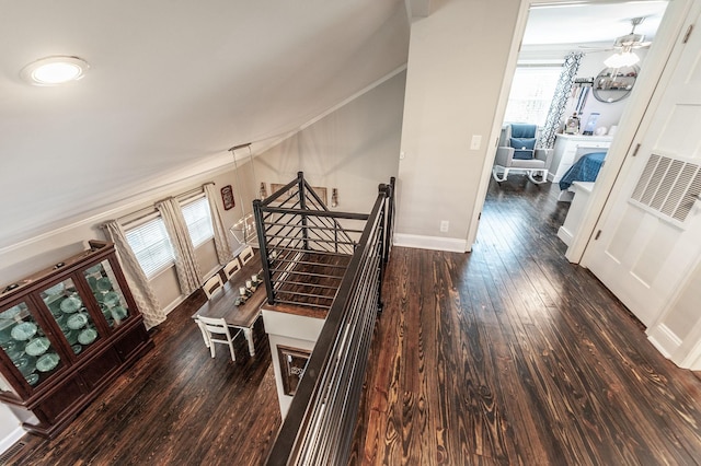 corridor with stairway, a wealth of natural light, wood-type flooring, and crown molding