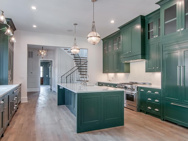 kitchen featuring green cabinets, visible vents, light countertops, and high quality appliances