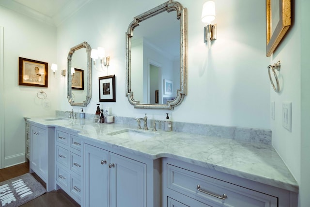 full bathroom featuring double vanity, wood finished floors, ornamental molding, and a sink