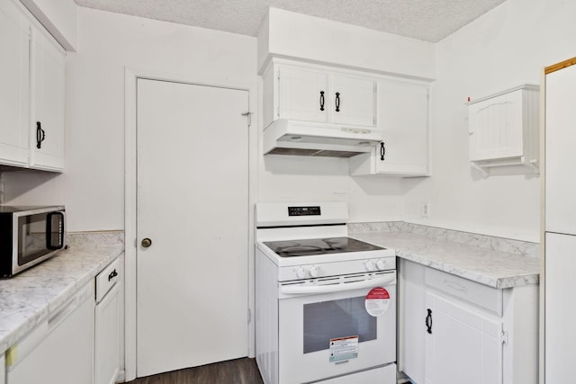 3049 Fieldstone Dr, Antioch, TN 37013 - kitchen with white electric stove, white cabinetry, a textured ceiling, under cabinet range hood, and stainless steel microwave