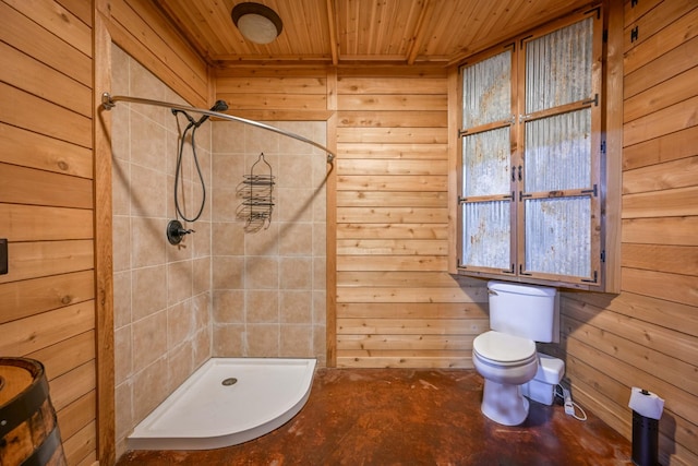576 Ridgeway Dr, Sugar Tree, TN 38380 - full bath with wood ceiling, toilet, a stall shower, and wooden walls