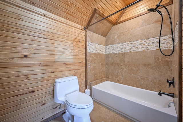 576 Ridgeway Dr, Sugar Tree, TN 38380 - full bath featuring toilet, shower / bathing tub combination, wood walls, and vaulted ceiling