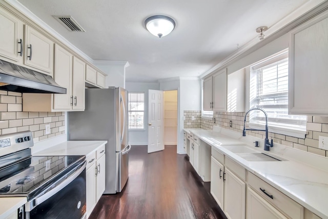 kitchen with crown molding, stainless steel appliances, under cabinet range hood, a sink, and visible vents