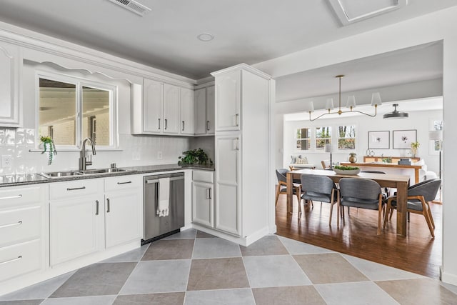 234 Spring St, La Vergne, TN 37086 - kitchen featuring visible vents, decorative backsplash, white cabinets, a sink, and dishwasher