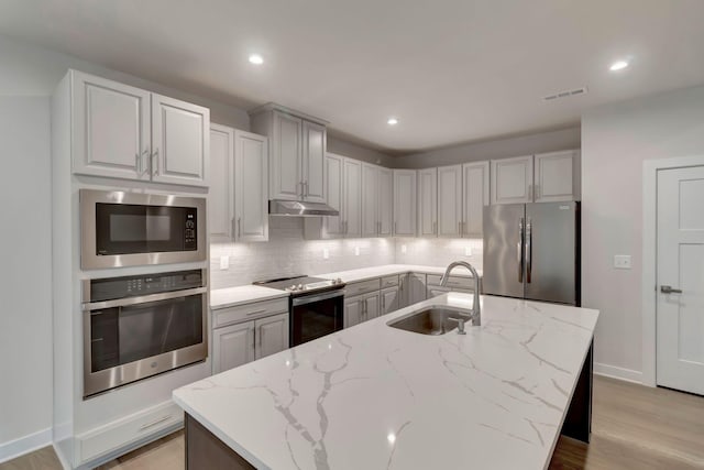 kitchen with appliances with stainless steel finishes, a sink, under cabinet range hood, tasteful backsplash, and recessed lighting