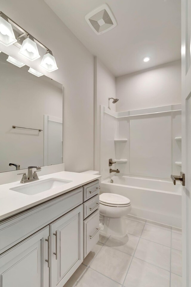 full bathroom with toilet, vanity, bathtub / shower combination, tile patterned floors, and recessed lighting