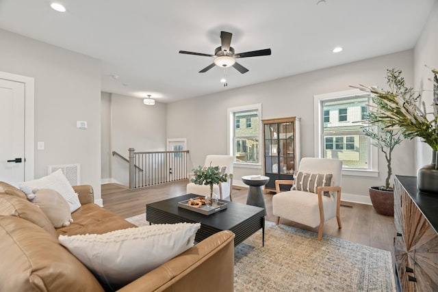 205 Charlotte Everly Cir, Hendersonville, TN 37075 - living area featuring a ceiling fan, wood finished floors, baseboards, visible vents, and recessed lighting