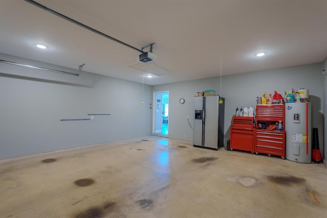 garage featuring water heater, a garage door opener, and stainless steel refrigerator with ice dispenser