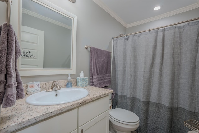 bathroom featuring vanity, crown molding, recessed lighting, toilet, and curtained shower