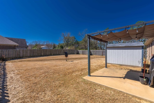 view of yard with a patio, a storage unit, a fenced backyard, and an outdoor structure