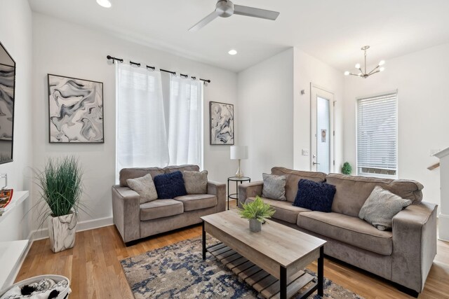 1930D Herman St, Nashville, TN 37208 - living room featuring ceiling fan with notable chandelier, light wood-style floors, baseboards, and recessed lighting