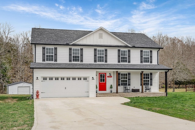 traditional-style house with an attached garage, concrete driveway, board and batten siding, a shingled roof, and a porch