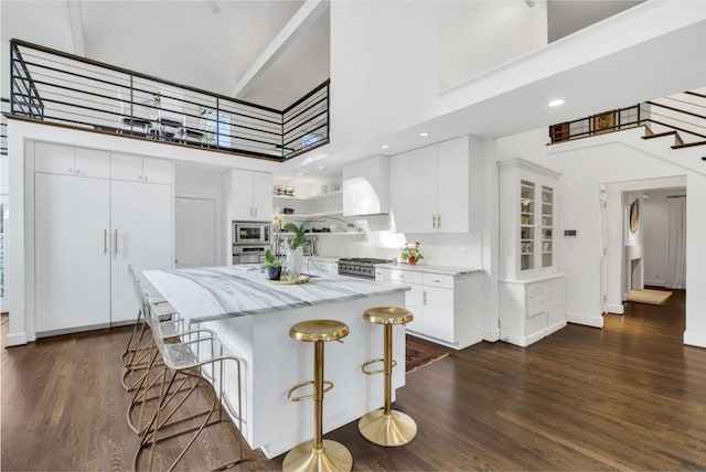 915 Overton Lea Rd, Nashville, TN 37220 - kitchen featuring stainless steel appliances, a high ceiling, open shelves, dark wood-type flooring, and white cabinets