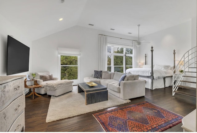 915 Overton Lea Rd, Nashville, TN 37220 - living room featuring plenty of natural light, dark wood finished floors, lofted ceiling, ceiling fan, and stairs