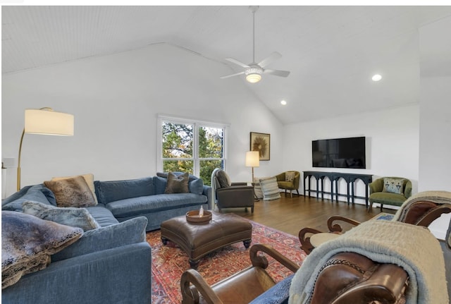 915 Overton Lea Rd, Nashville, TN 37220 - living area with ceiling fan, recessed lighting, wood finished floors, and high vaulted ceiling
