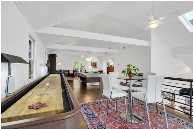 915 Overton Lea Rd, Nashville, TN 37220 - dining area featuring wood finished floors, a ceiling fan, pool table, and a skylight
