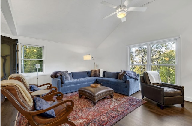 915 Overton Lea Rd, Nashville, TN 37220 - living room featuring ceiling fan, wood finished floors, and vaulted ceiling