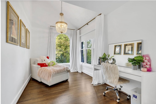 915 Overton Lea Rd, Nashville, TN 37220 - bedroom with high vaulted ceiling, dark wood-style floors, a desk, and a chandelier