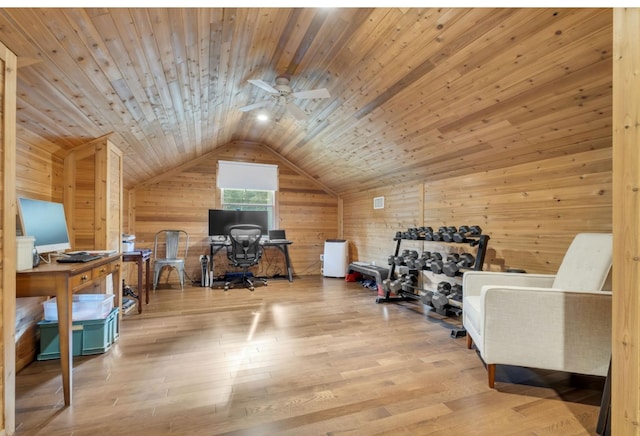 915 Overton Lea Rd, Nashville, TN 37220 - home office with wood walls, vaulted ceiling, wood finished floors, wooden ceiling, and ceiling fan