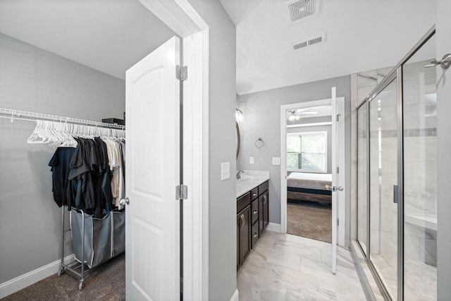 2263 Allen Griffey Ct, Clarksville, TN 37042 - ensuite bathroom with a stall shower, marble finish floor, ensuite bathroom, ceiling fan, and visible vents