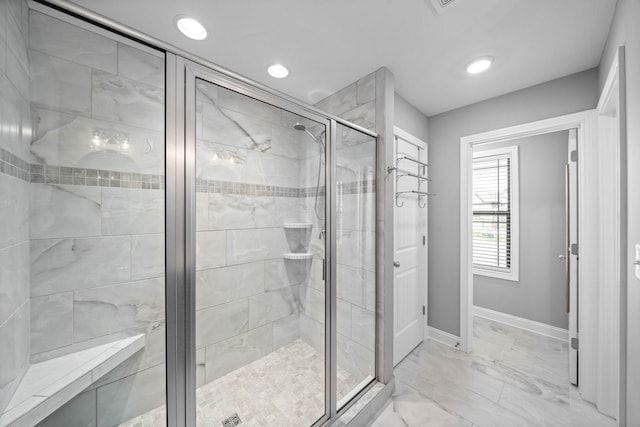 2263 Allen Griffey Ct, Clarksville, TN 37042 - bathroom featuring baseboards, marble finish floor, recessed lighting, and a stall shower