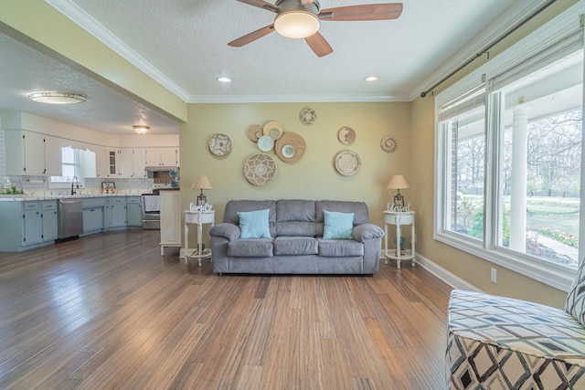 living room featuring crown molding, dark wood-type flooring, and a textured ceiling