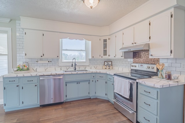 kitchen with a sink, white cabinetry, appliances with stainless steel finishes, under cabinet range hood, and light wood-style floors